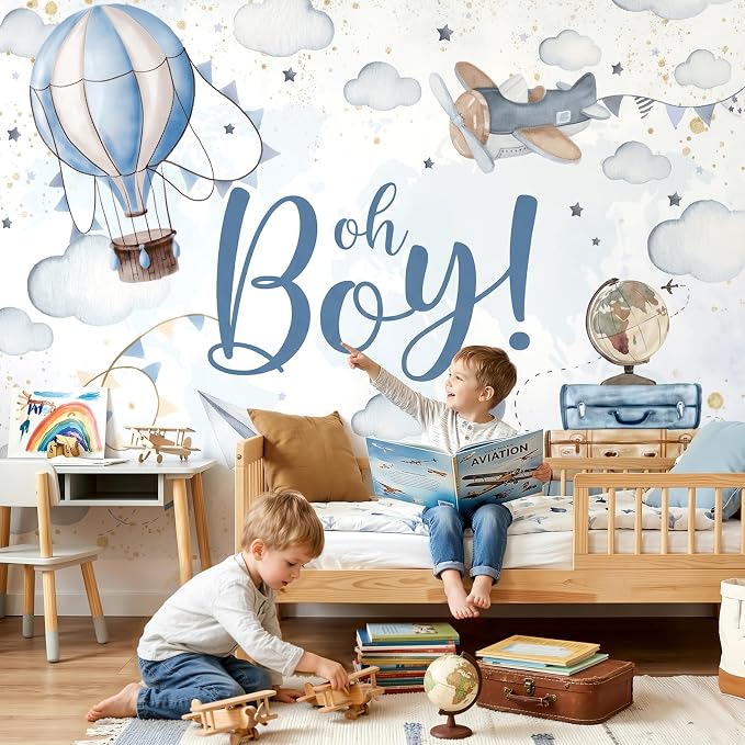 Lofaris 10x7ft Oh Boy Baby Shower Backdrop for Kids Boy Party Decoration Cloud Hot Balloon Adventure Begins Travel Around The World Airplane Up Up and Away Photography Background Banner Photo Booth