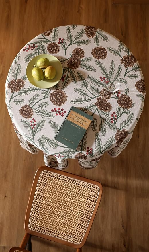 ISAENNE Designer Vintage Linen Round Tablecloth,Diameter 67"-Carol B | French Elegant Table Cloth for Round Table,Pinecones Pattern,Decor,Dining Room,Kitchen,Tea Party,Thanksgiving,Christmas