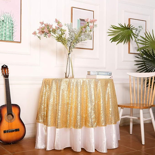 Juya Delight Gold Sequin Tablecloth 50'' Round Table Cloth for Party Wedding Birthday Decoration