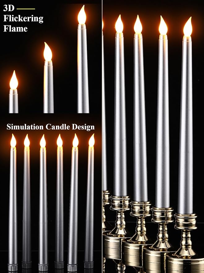 Funtery 48 Pcs Flameless LED Taper Candles Battery Operated Candles Bulk Realistic LED Candlesticks Flickering for Wedding Church Party Home Decor(Silver,11 Inch,Classic Style)