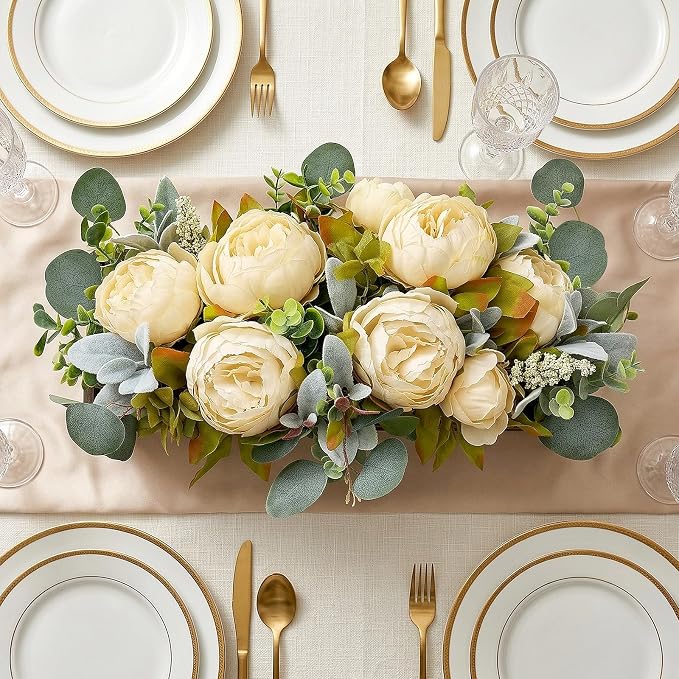 Flower Table Centerpieces for Dining Room, Summer Artificial Peony Table Centerpieces Wood Tray with Fake Flowers for Wedding Living Room Party Bar Kitchen Table(Champagne)