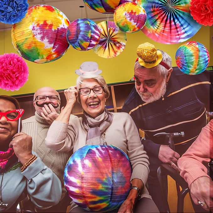 Hortsun 16 Pcs Tie Dyed Party Decorations Include 6 Pcs 12 "and 6" Groovy Hippie Hanging Paper Lanterns,6 Paper Fans -3 Size and 4 Flowers,60s Party Ceiling Wall Decor Chinese/Japanese Groovy Decor