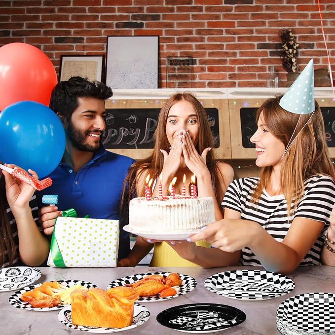 Funnymoom 60 Pcs Race Car Birthday Party Decorations 9 Inch Checkered Flag Disposable Paper Plates Racing Themed Dessert Dinnerware for Birthday Baby Shower Home Party Supplies, 4 Style