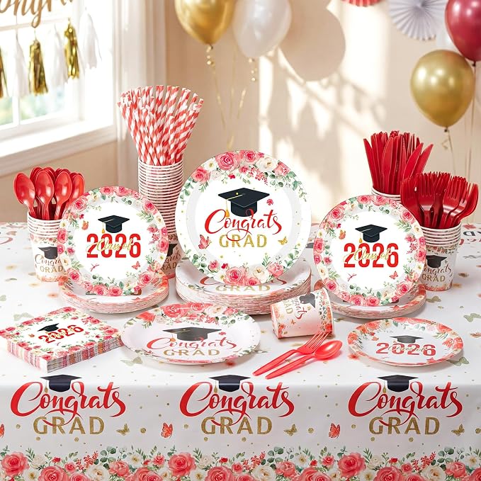 Funnymoom 452 Pcs 2026 Red Floral Graduation Decoration for 50, Class of 2026 Red White Gold Grad Paper Plates Napkins Cups Tablecloth Cutlery Straws for College School Congrats Grad Party Supplies
