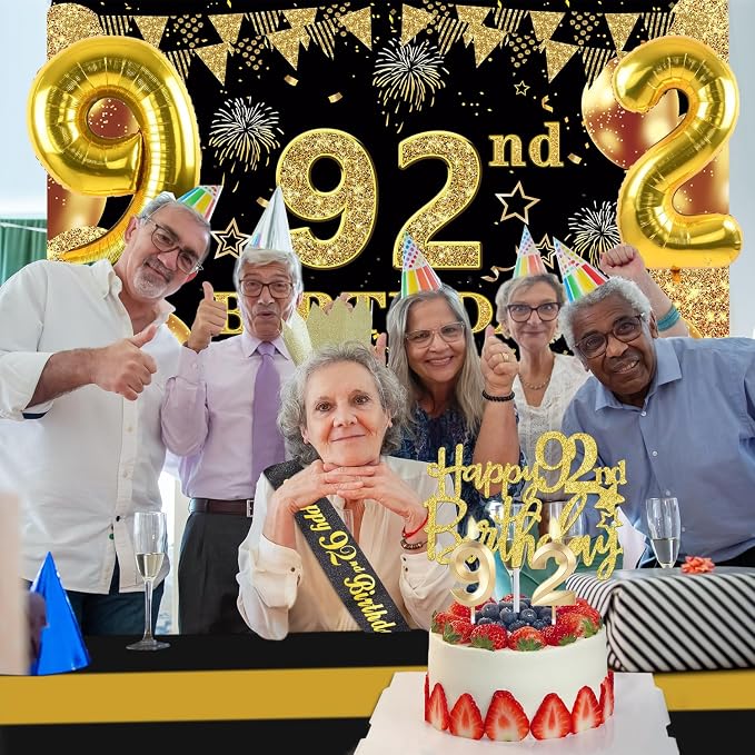 92nd Birthday Decorations Men Women with 92nd Birthday Banner, Black and Gold Table Cloth, Number Balloons, Large Sash, Cake Topper and Candles