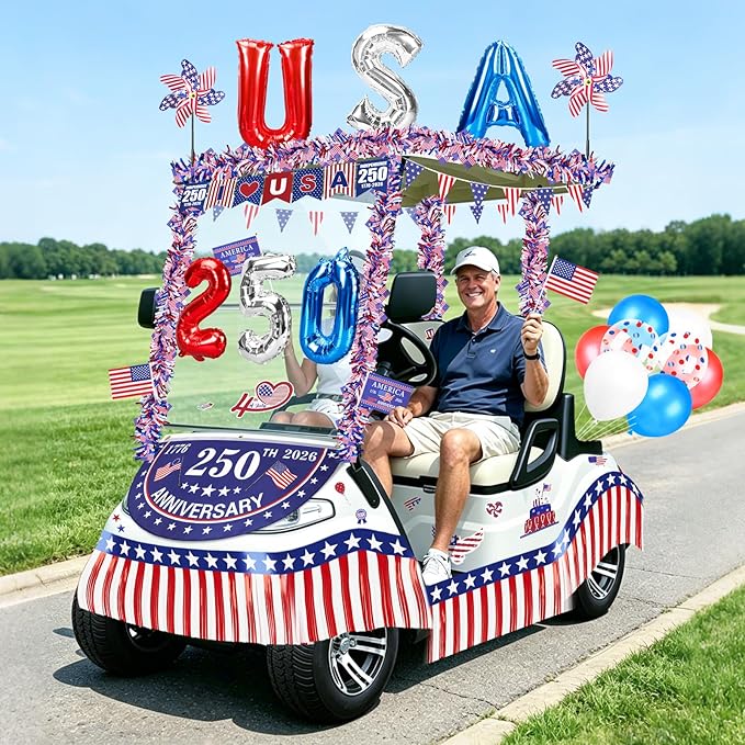 Tryly 4th of July Golf Cart Decorations Kit, 250th Patriotic Parade Golf Cart Decor – 250th Banner, Fan Flags, Foil Fringe Garland, Pinwheels and More with 1776-2026 for Independence Day Memorial Day