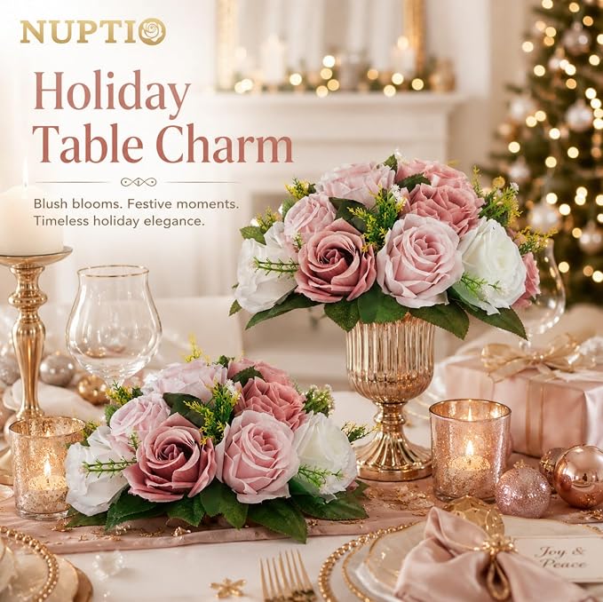 NUPTIO Flower Balls for Table Centerpieces: Dusty Pink & White Fake Flowers | 2 Pcs 9.5 inch Diameter, Artificial Rose Bouquet Arrangements, for Wedding, Birthday Party, Bridal Shower Decorations