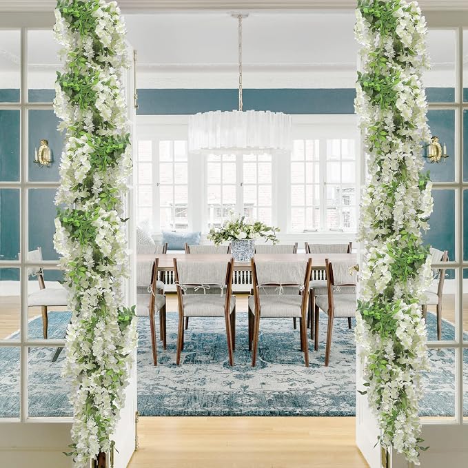 Findosom Wisteria Artificial Flowers Garland, 20Pcs Total 144FT White Wisteria Hanging Flowers, Flower Garland Decorations for Home Garden Outdoor Ceremony Wedding Arch Decoration