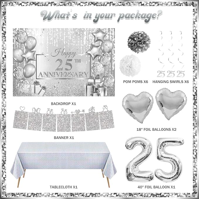 Hombae 25th Anniversary Decorations, Silver 25th Wedding Anniversary Party Decorations, 25 Year Anniversary Decor, Happy 25th Anniversary Backdrop Tablecloth Balloon Banner Hanging Swirls Pom Poms