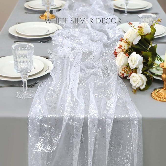 Snowkingdom White Silver Table Runner Gauze Sheer Tulle 10 FT 120 Inch Sparkly Metallic Foil Glitter Sequin Party Table Decor Centerpieces for Party Wedding Bridal Baby Shower Christmas New Year