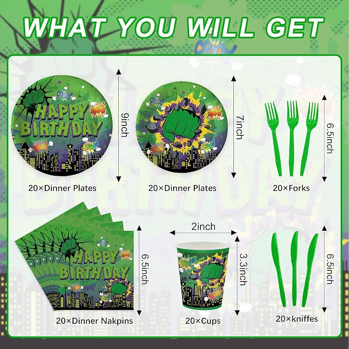 120 PCS Green Hero Party Decorations Include Plates Napkins and Knife and Fork Green Hero Party Supplies Serves 20
