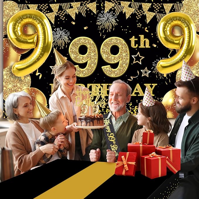 99th Birthday Decorations Men Women with 99th Birthday Banner, Black and Gold Table Cloth, Number Balloons, Large Sash, Cake Topper and Candles