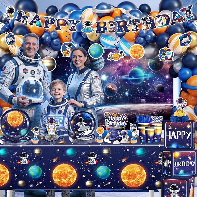 296PCS Space Birthday Decorations, All-in-1 Party Pack, 25 Serves Disposable Tableware Set, Includes Balloon Boxes, Backdrop Tablecloth for Outer Astronaut Birthday Decorations