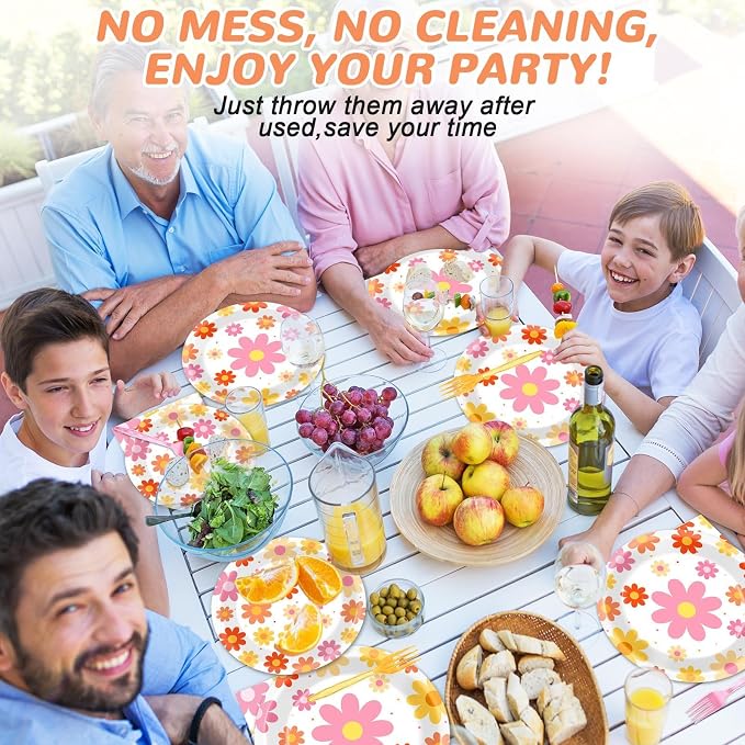 Qyeahkj 50 Guests Groovy Daisy Plates and Napkins Party Supplies Boho Hippie Party Decorations Disposable Tableware Set Retro Hippie Daisy Dinnerware Favor for Birthday Baby Shower,200PCS