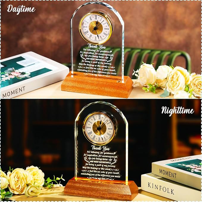 Arikyrist Thank You Gifts for Women Men, Appreciation Clock Gift for Coworkers Friends Teachers with Wooden Light Base, Inspirational Presents for Family Office Desk Clock Decor