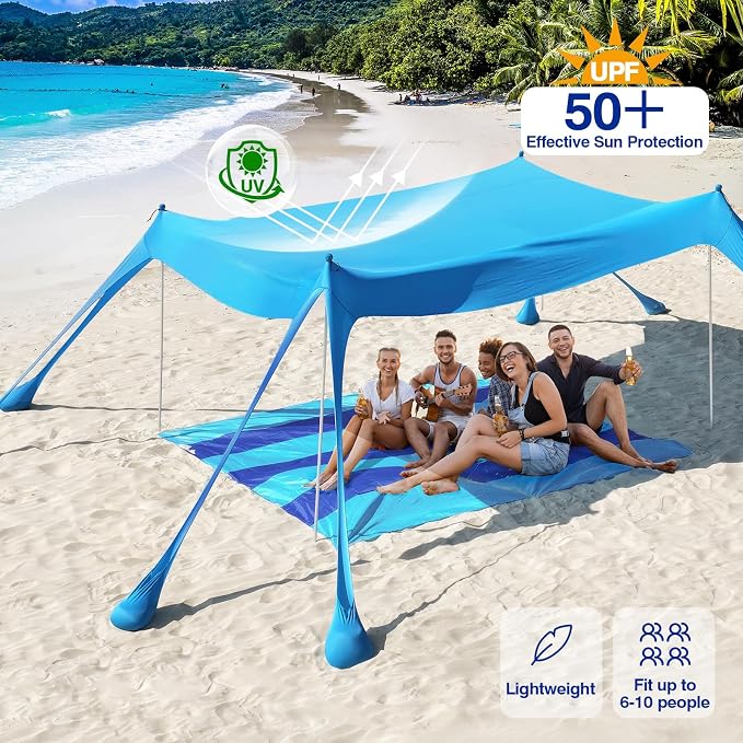 Rhino Valley Beach Tent, 10 x 13 FT Beach Shade UPF50+ Protection, Beach Canopy with 8 Sandbags 4 Stability Poles,Outdoor Beach Tent Sun Shelter Umbrella for Sand,Camping,Fishing Essentials, Sky Blue