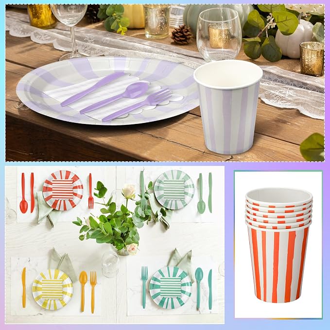 Meanplan 288 Pcs Pastel Striped Party Supplies Include 9 Inch Stripe Paper Plate Cups Paper Napkins Colorful Disposable Tableware Striped Pastel Rainbow Dinnerware Set for Baby Shower Birthday Wedding