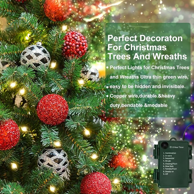 2Pack Outdoor Fairy Lights Battery Operated,10Feet 100LED Green Copper Wire Cluster Lights with 8 Modes and Timer,Twinkle String Lights, Mini Lights for Christmas Tree Wreath Wedding,Warm White