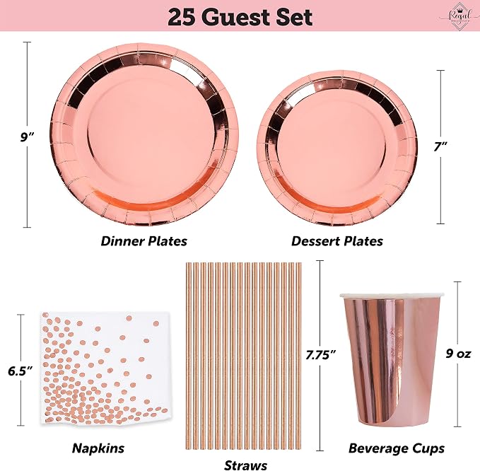 225 PC Rose Gold Birthday Party Decorations Kit for Girls, Teens, Women - Happy Birthday Banner, Curtains, Table Runner, Balloons, Sash, Tiara, Cake Topper, Plates, Cups, Napkins, Straws for 25 Guests