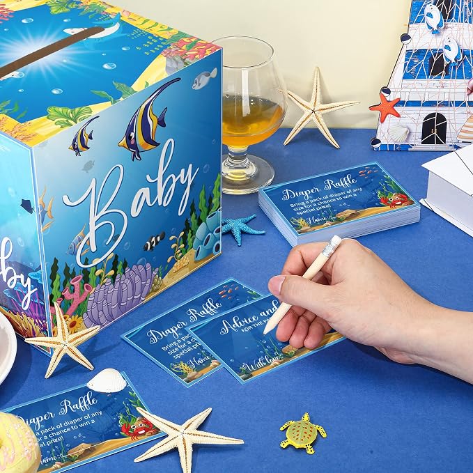 Teling 51 Pieces Diaper Raffle Tickets with Card Box Baby Shower Decorations Baby Shower Holder Box for Girl Boy Diaper Raffle Party(Under the Sea)