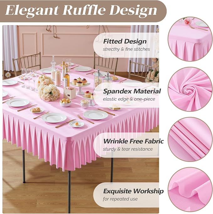 Wish Care 2 Pack Pink Spandex Tablecloths for 34x34 Inch Square Tables, Stretch Fitted Table Clothes with Pleated Ruffle Skirt for 34” Table, Wrinkle Free and Elastic, for Party Kitchen Home Dining