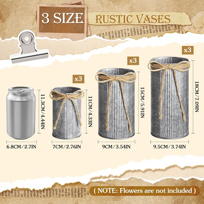 Zonon 9 Pcs Farmhouse Vase Decor with Twine Bow 4.33" Galvanized Flower Bucket 5.91" Metal Pots 7.09" Rustic Decorated Vases for Artificial Flowers Home Table Weddings Decor (Black)