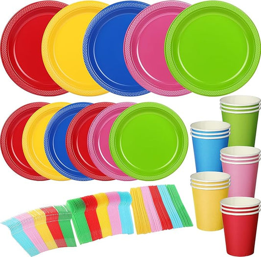 Yaomiao 300 Pcs Multi Color Disposable Dinnerware Set Include 100 Pcs 7 Inch and 9 Inch Disposable Plastic Plate, 50 Forks, 50 Knives, 50 Spoons, 50 Pieces 9 oz Cup, Dinner Neon Party Plates