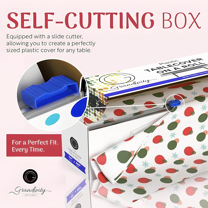 Grandipity Plastic Tablecloth Roll - 54in x 300 Ft. Holiday Plastic Table Cloths for Parties Disposable with Cutter Box - Cut to Size Disposable Tablecloth Table Cover for Rectangle & Round
