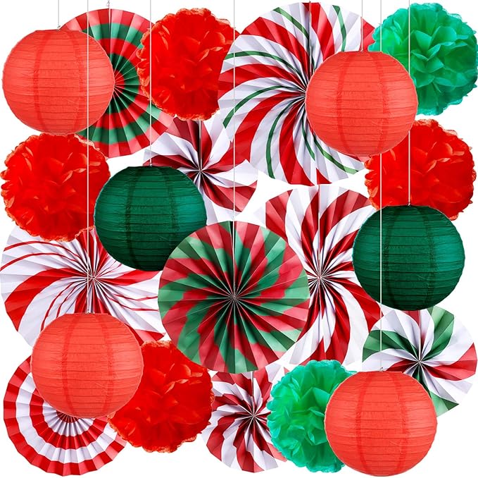 Outus Christmas Hanging Decorations Xmas Candy Paper Fans Tissue Pom Poms Colorful Paper Lanterns for Winter Holiday Party Supplies Classroom Ceiling Wall Decor