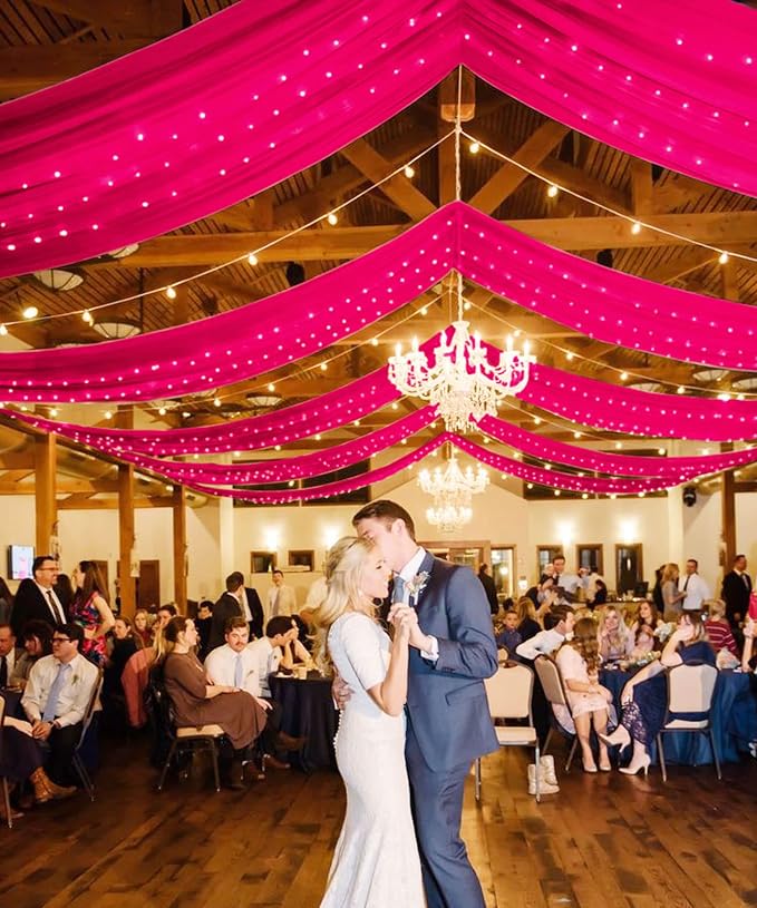 FOTSHARER Hot Pink Ceiling Drapes for Weddings Sheer Ceiling Curtains 4 Panels 5x20FT Chiffon Fabric Fuchsia Draping Fabric for Wedding Arch Tulle Backdorp for Drapes Curtains Satge Reception Decor