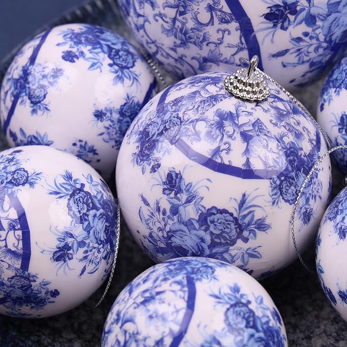 10 Pcs White Blue Christmas Chinoiserie Ornaments Ball Christmas Porcelain Plastics Balls Hanging Decoration for Home Tree Xmas Party Birthday Wedding (Elegant Style)