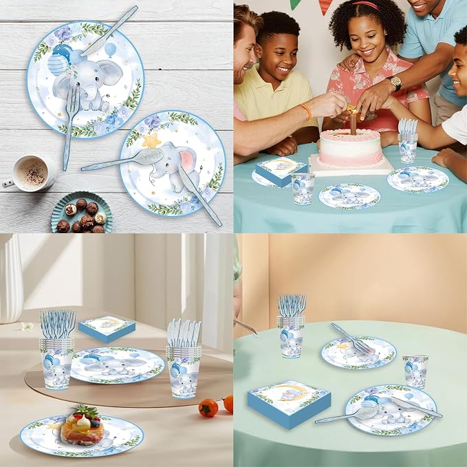 140 Pcs Elephant Boy Baby Shower Decorations Baby Party Supplies Elephant Baby Shower Paper Plates Napkins Cups Baby Elephant Birthday Decorations Serves 20