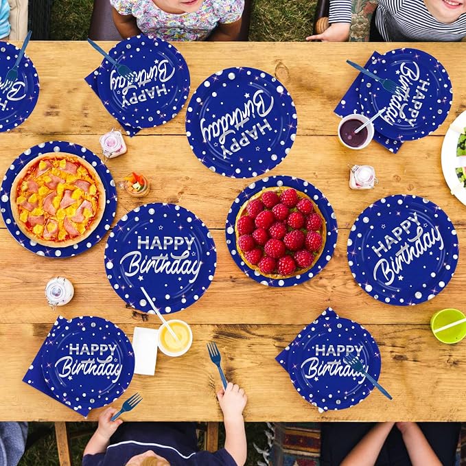 96Pcs Blue and Silver Birthday Party Decorations Silver Polka Dots on Blue Paper Plates and Napkins Disposable Tableware for Men Birthday Party Father's Day Graduation Decorations 2026 Serves 24