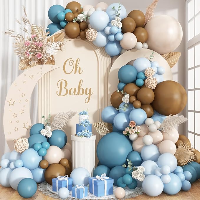 Double Stuffed Dusty Blue Brown Balloon Arch Kit, Neutral Balloon Garland Pastel Baby Blue Dark Brown White Sand Beige Tan Latex Balloons for Boys Baby Shower Teddy Bear Birthday Party Decorations