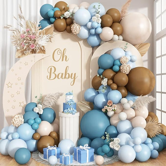 Double Stuffed Dusty Blue Brown Balloon Arch Kit, Neutral Balloon Garland Pastel Baby Blue Dark Brown White Sand Beige Tan Latex Balloons for Boys Baby Shower Teddy Bear Birthday Party Decorations
