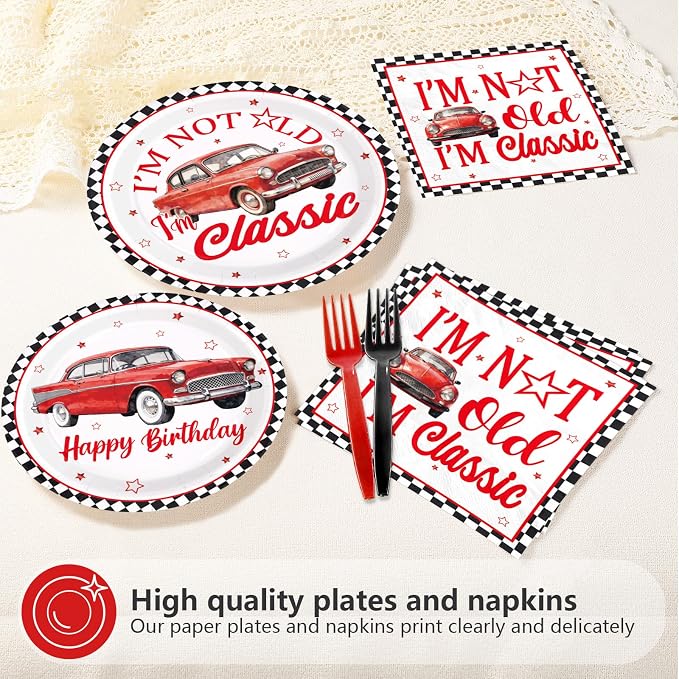 96Pcs Classic Car Birthday Party Decorations I am Not Old I am Classic Birthday Plates and Napkins Sets Vintage Red Car and Star Decorations for Men Vintage Cars Father's Day Party Supplies Serves 24