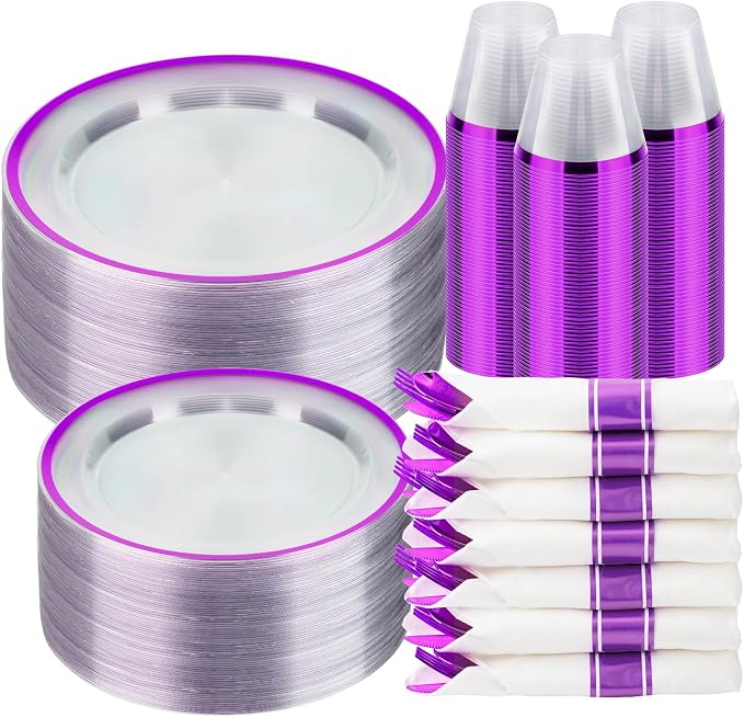 BESTSTAR 350PCS Clear and Purple Disposable Plates Set for 50 Guests, 100 Plastic Plates, 50 Plastic Cups, 50 Pre-Rolled Napkins with Cutlery for Party, Birthday, Wedding, Thanksgiving, Christmas