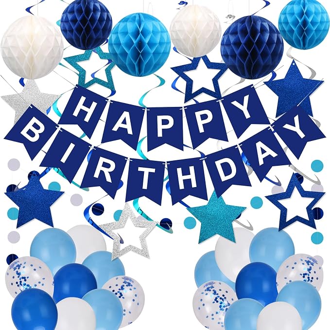Birthday Decorations, Happy Birthday Banner, Happy Birthday Balloons, Honeycomb Balls, Star Hanging Swirls,Circle Dots Garland, Suitable for Man and Boys Birthday Decorations Prince Party (Blue)