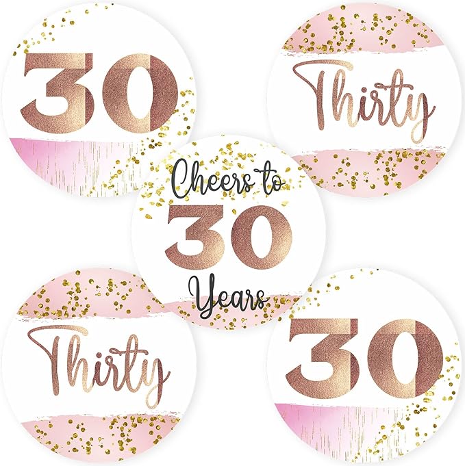 30th Birthday Sticker Labels by Adore By Nat – Rose Gold Party Favor Stickers for Women – 2 Inch Round - Set of 30