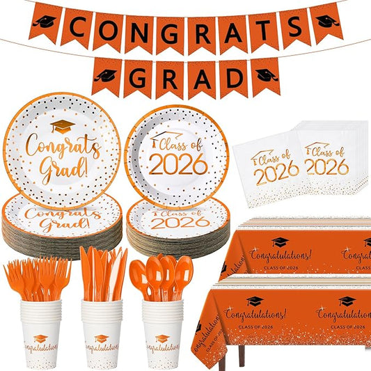 354Pcs Orange Black Graduation Decorations Set, 2026 Graduation Party Supplies Serves 50,Includes Congrats Grad Banner Paper Plates Cups Napkins Tablecloths Tableware for Class of 2026