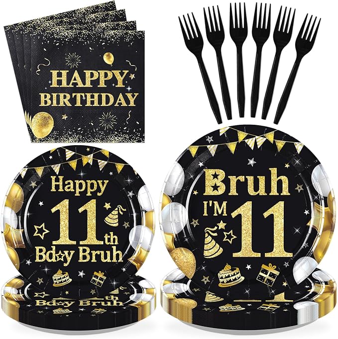 96 Pcs Bruh 11th Birthday Party Decorations Black Gold Bruh I’m 11 Plates and Napkins It's My 11th Birthday Tableware Set for Teen Boys and Girls 11 Years Old Party Supplies, Serves 24
