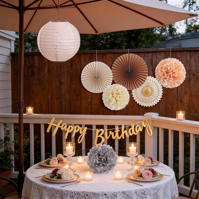 EASY JOY Champagne Beige Paper Flowers Tissue Pom Poms Boho Birthday Decorations Paper Lanterns Party Decorations Happy Birthday Banner White Paper Fans for Boho Fall Rustic Neutral Baby Shower