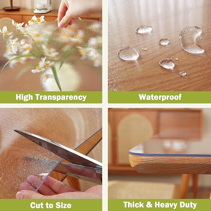 Frosted Clear Table Protector 36 x 96 Inch, 1.5mm Thick Plastic Table Cover, Waterproof PVC Clear Table Cover Protector, Desk Protector Mat, Writing Desk Pad for Desktop, Coffee & Dining Room Table