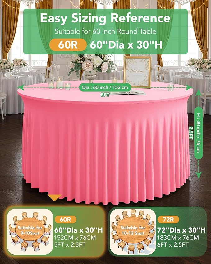 6 Pack Spandex Table Cover Skirts for 60 inch Round Tables, Pink Stretch Table Cloths with Floor-Length Ruffle, Elastic Fitted Skirted Tablecloth for Elegant Wedding Banquet Party Buffet Decoration