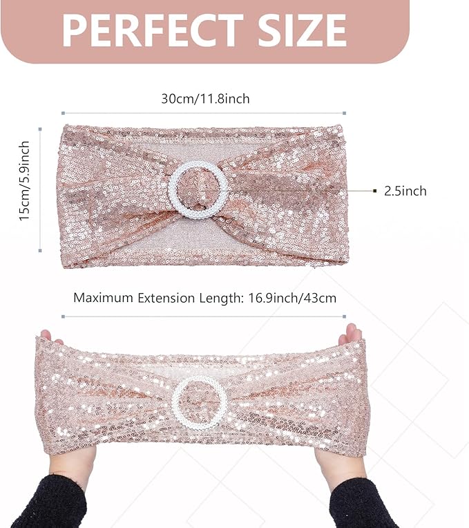 SquarePie Pack of 10 Sequin Chair Sashes Bands Glitter Rose Gold Double-Sided Sequins Stretch Chair Cover Bows with Buckle Slider for Wedding Party Fiesta Banquet Decor