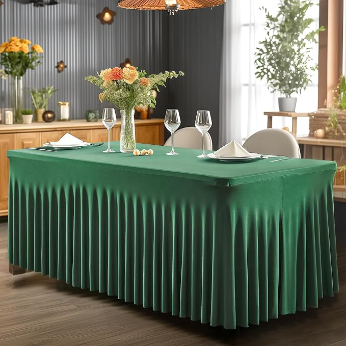 1 Pack Green Table Clothes for 6 Foot Rectangle Tables, Wrinkle Resistant Stretch Spandex Table Covers Fitted Tablecloth with Skirt for Easter Event Banquet Wedding Birthday Party