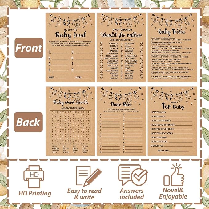 Baby Shower Games Bundle for 50 Guests, Stacking Games, Adults, 150 Game Cards & 1 Answer Card
