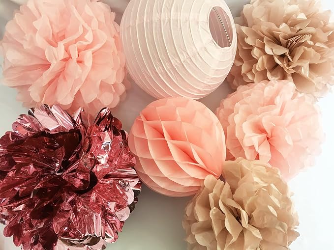 Blush Chrome Pink Hanging Decorations – Tissue paper Flower Pom Poms and Lantern for Birthday Wedding Baby Shower Bachelorette Party Decor(Chrome Pink + Pastel Pink + Pink Heather)