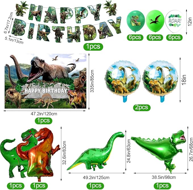 Dinosaur Birthday Decorations, Dino Theme Party Supplies&Decorations Set Include Banner Tablecloth Balloons Cake Toppers Plate Napkin for Kids Party