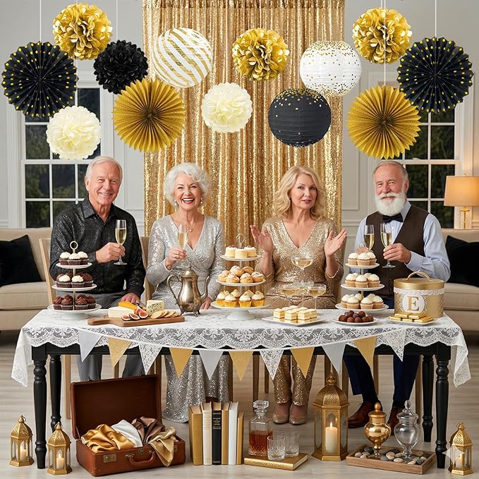 ADLKGG Black and Gold Party Decorations, 14 Pcs Hanging Paper Fans, Lanterns, Pom Poms, Photo Backdrop for Class of 2026 Graduation, Men's Birthday, Great Gatsby Theme Party